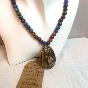 Handmade by: Kayk, Glass beaded Necklace w/ Tiger’s eye and jasper 24” #195